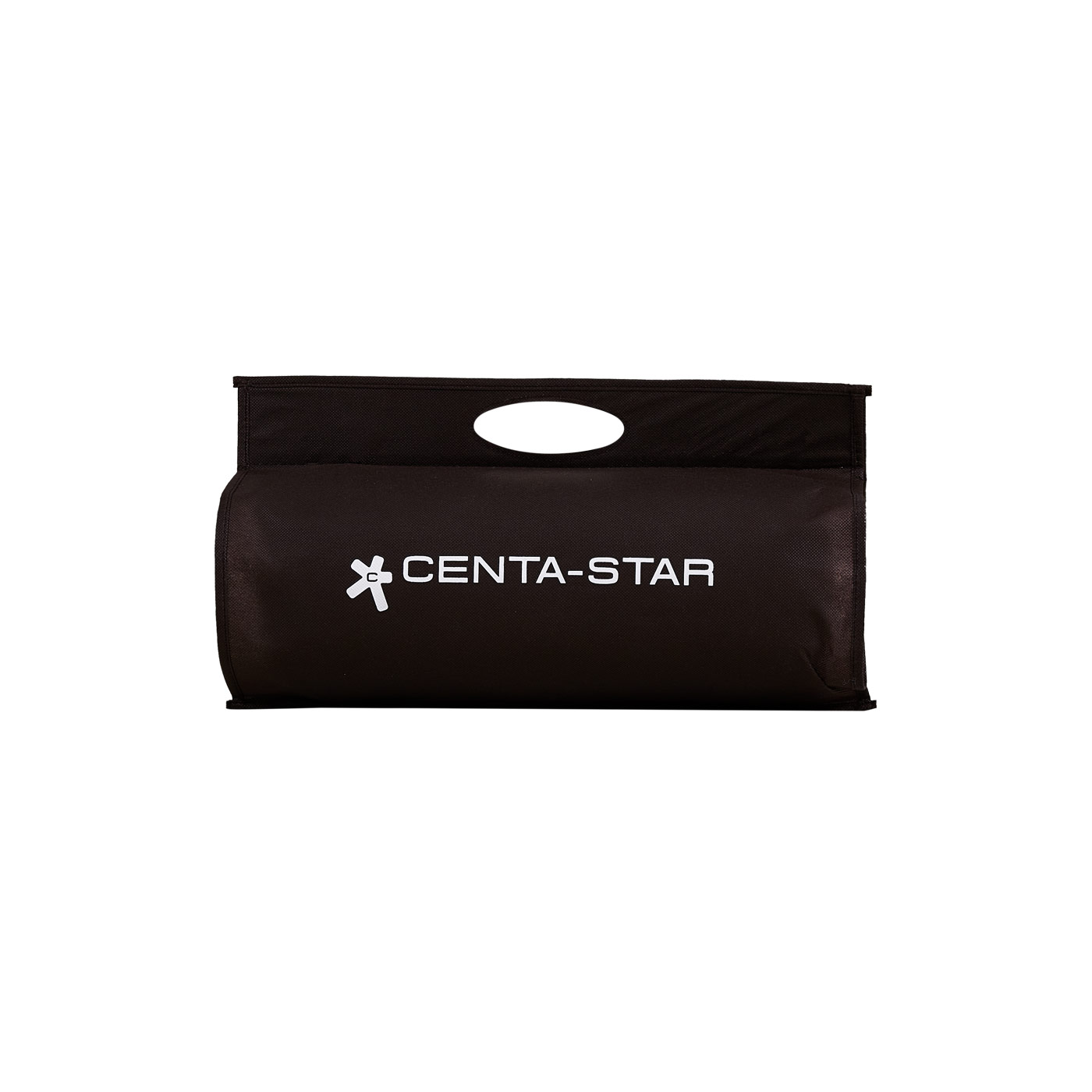 Centa-Star Aufbewahrungstasche in Dunkelbraun mit Tragegriffen und transparentem Sichtfenster, vor weißem Hintergrund – versehen mit weißer Centa-Star-Aufschrift und weißem Logo, ideal zum sicheren Verstauen von Kopfkissen.